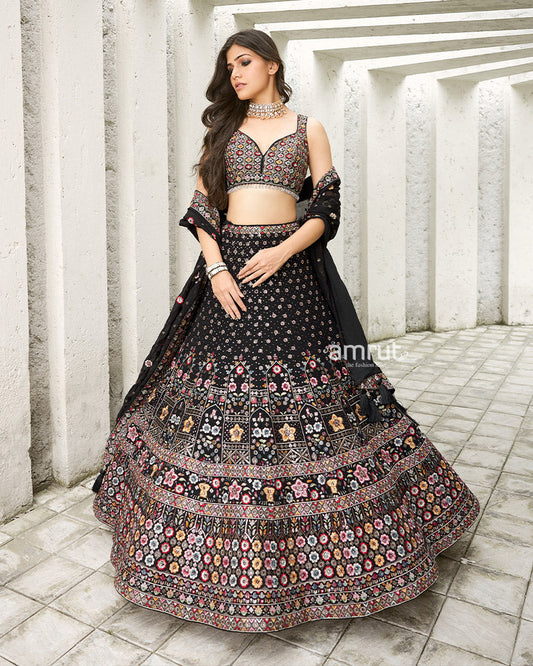 A Black Georgette Embroidered Lehenga Adorned With Exquisite Gota Patti Work, Paired With a Matching Dupatta