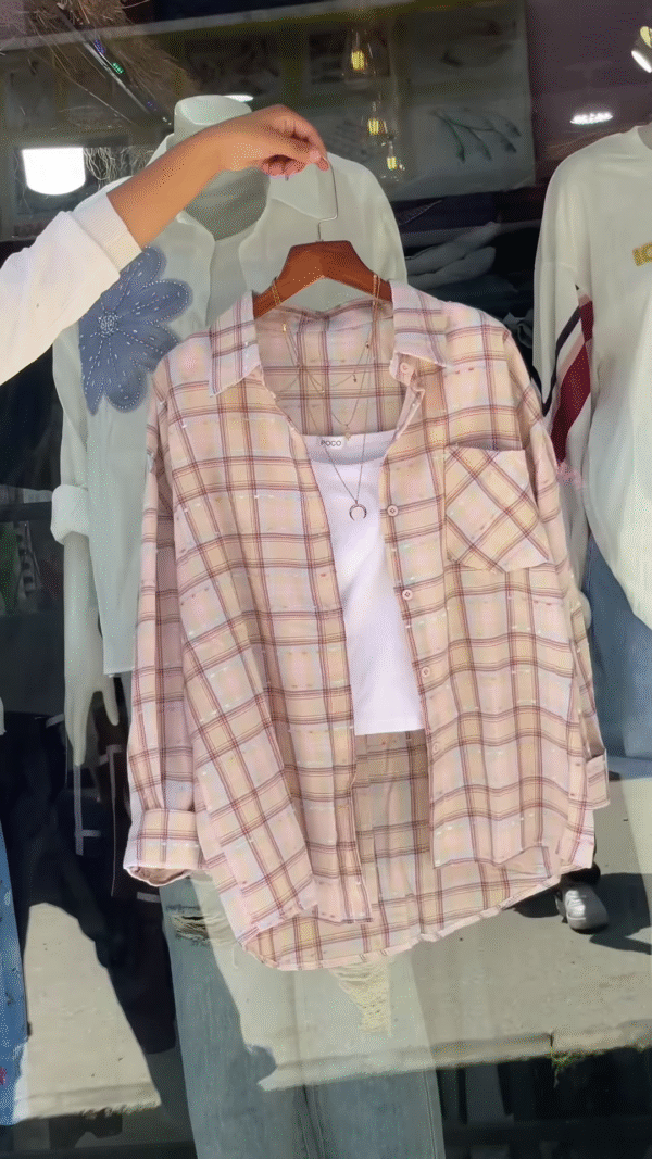 Women’s Pink & White Checkered Overshirt with White Tank Layer – Casual Street Style with Celestial Necklace Accent - Image 3