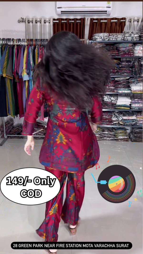 Women’s Multicolor Abstract Printed Kurti with Matching Pants – Ethnic Fusion Co-Ord Set with Music-Themed Backdrop - Image 5