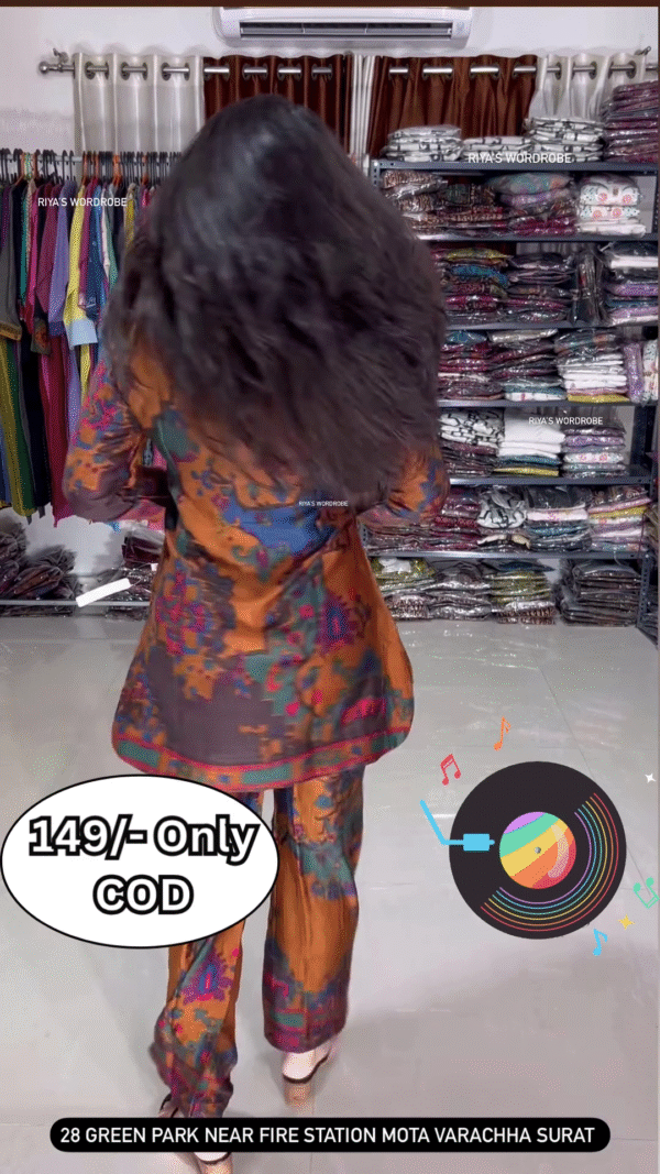 Women’s Multicolor Abstract Printed Kurti with Matching Pants – Ethnic Fusion Co-Ord Set with Music-Themed Backdrop - Image 2