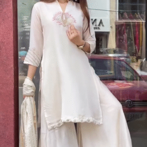 ✨ Ivory Elegance: Embroidered Kurta Set with Flowy Sharara & Dupatta ✨