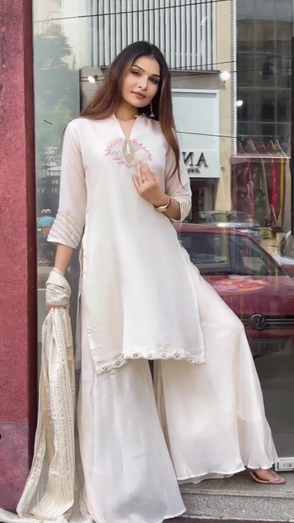 ✨ Ivory Elegance: Embroidered Kurta Set with Flowy Sharara & Dupatta ✨