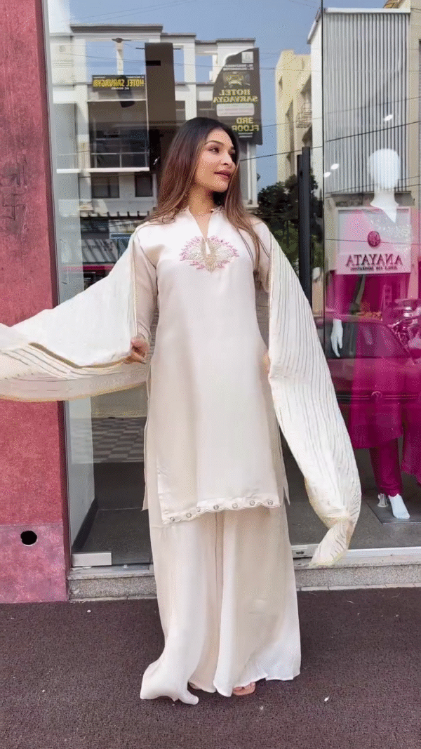 ✨ Ivory Elegance: Embroidered Kurta Set with Flowy Sharara & Dupatta ✨ - Image 4