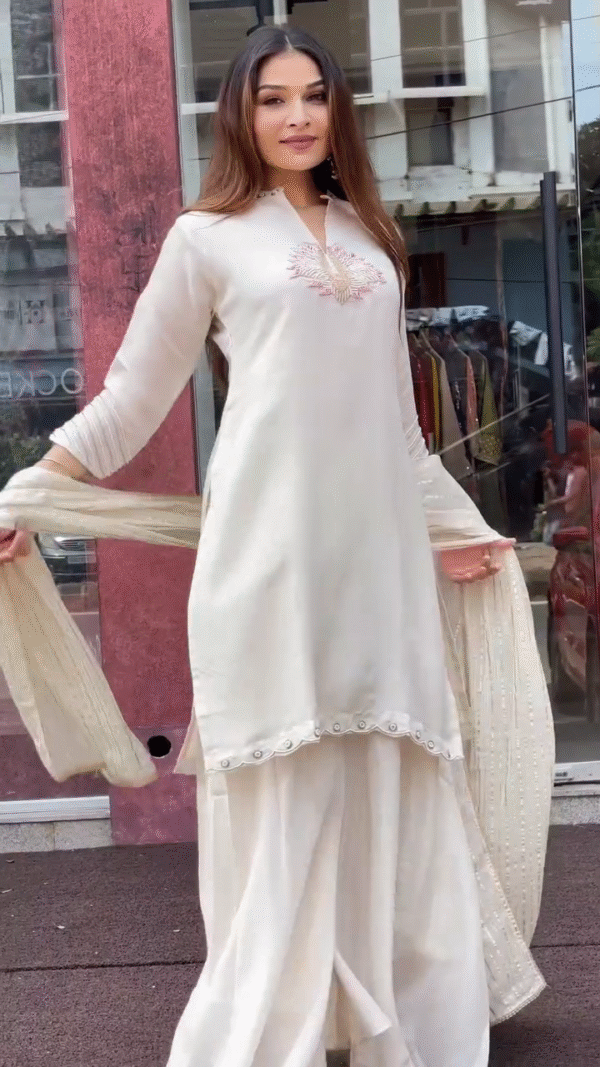 ✨ Ivory Elegance: Embroidered Kurta Set with Flowy Sharara & Dupatta ✨ - Image 5