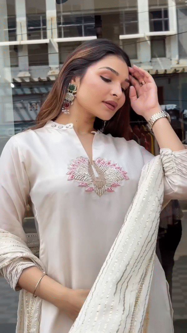 ✨ Ivory Elegance: Embroidered Kurta Set with Flowy Sharara & Dupatta ✨ - Image 7