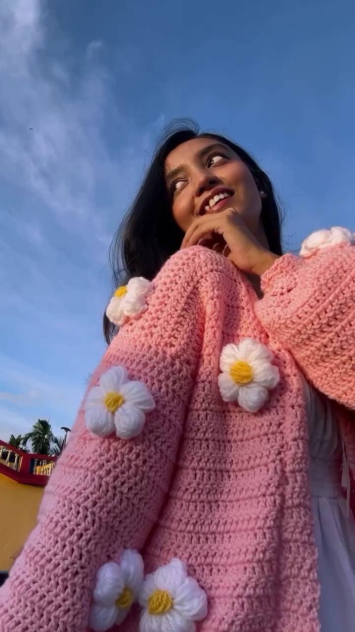 Handmade Crochet Pink Flower Cardigan | Cozy Daisy Knit Sweater (XXS–XXL) - Image 3