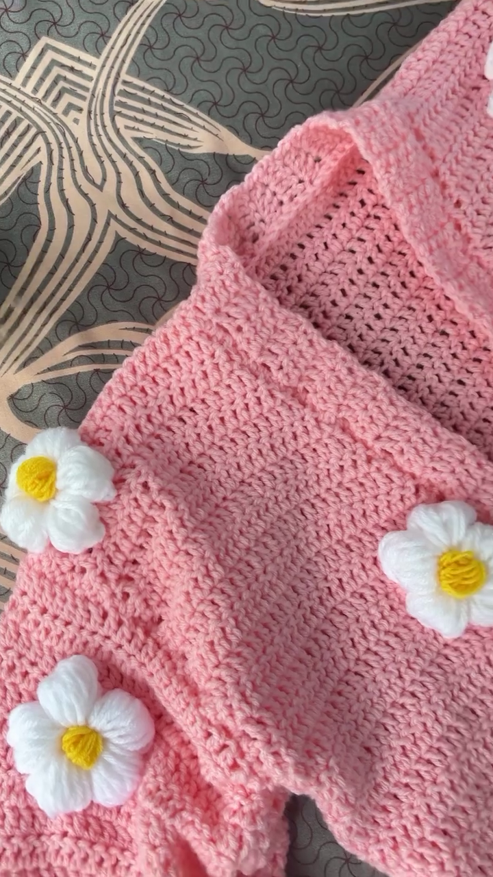 Handmade Crochet Pink Flower Cardigan | Cozy Daisy Knit Sweater (XXS–XXL) - Image 9