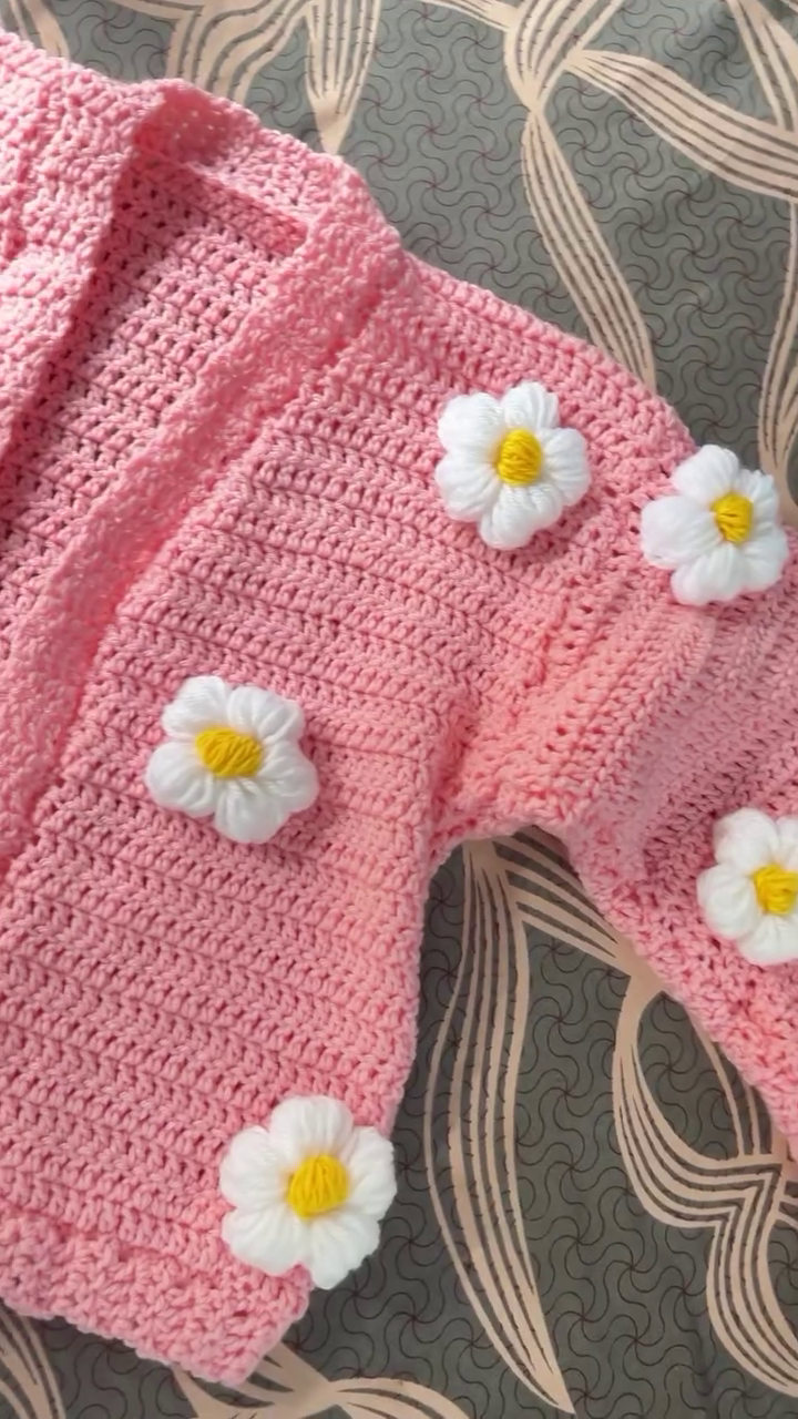 Handmade Crochet Pink Flower Cardigan | Cozy Daisy Knit Sweater (XXS–XXL) - Image 8