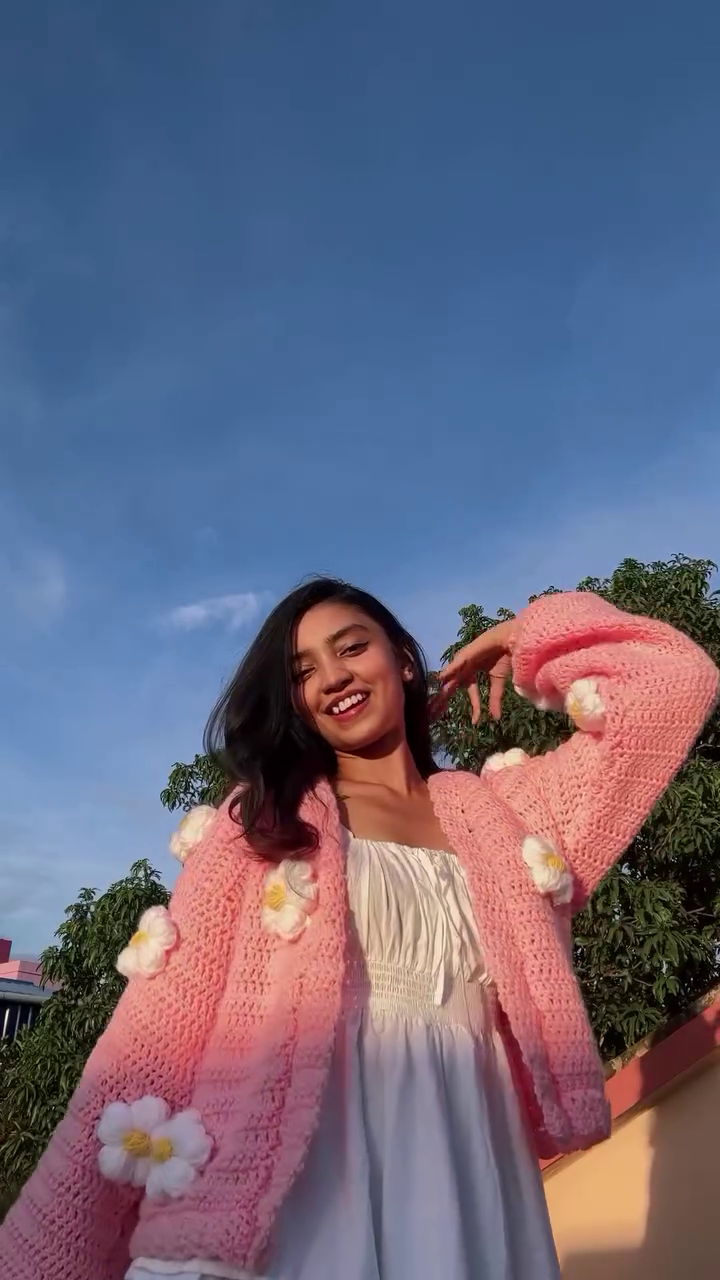 Handmade Crochet Pink Flower Cardigan | Cozy Daisy Knit Sweater (XXS–XXL)