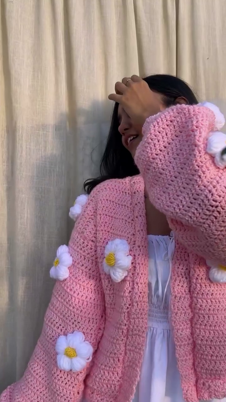 Handmade Crochet Pink Flower Cardigan | Cozy Daisy Knit Sweater (XXS–XXL) - Image 5