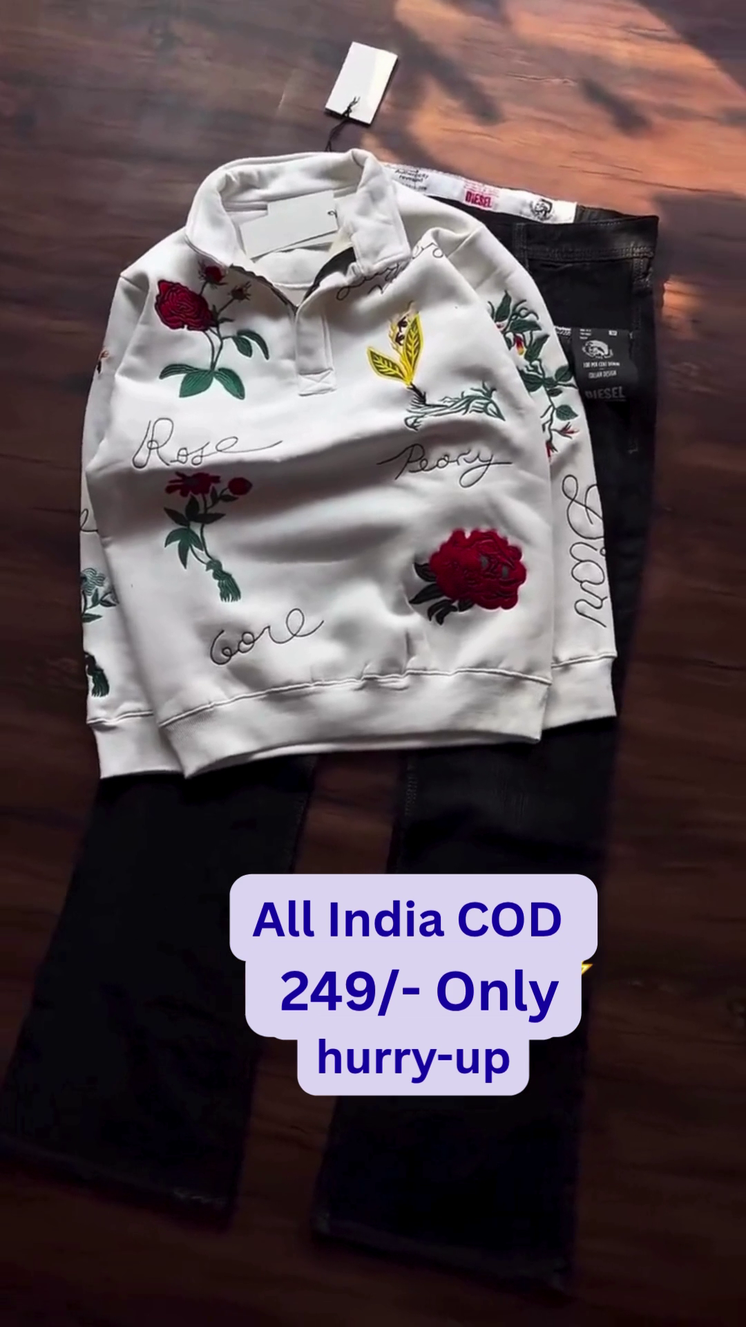 Floral Embroidered Sweatshirt & Jeans Combo πΈ | Stylish Winter Collection for Men | Trendy Casual Outfit - Image 3