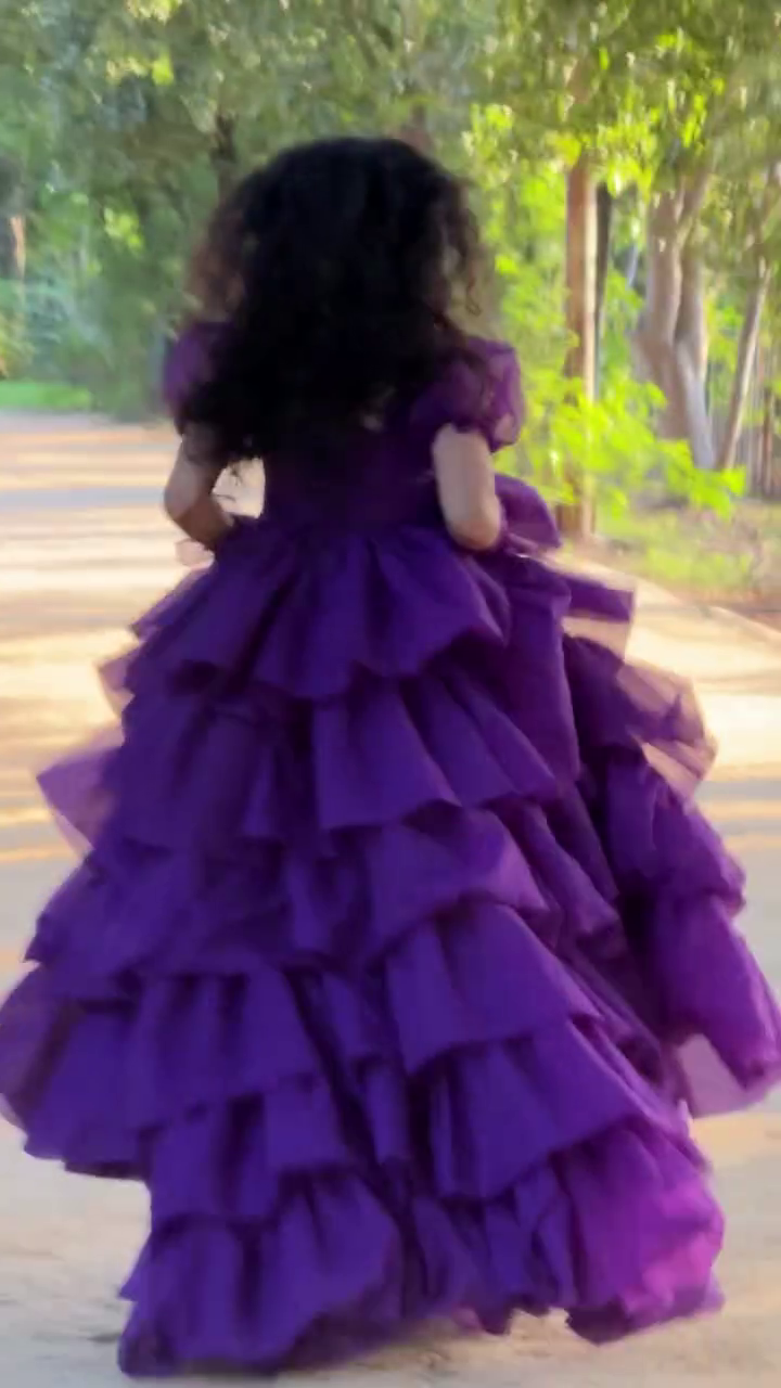 Royal Plum Multi-Layered Ruffle Gown for Women | Premium Flowing Ball Gown with Voluminous Tiers & Puff Sleeves | Elegant Evening & Photoshoot Dress - Image 6