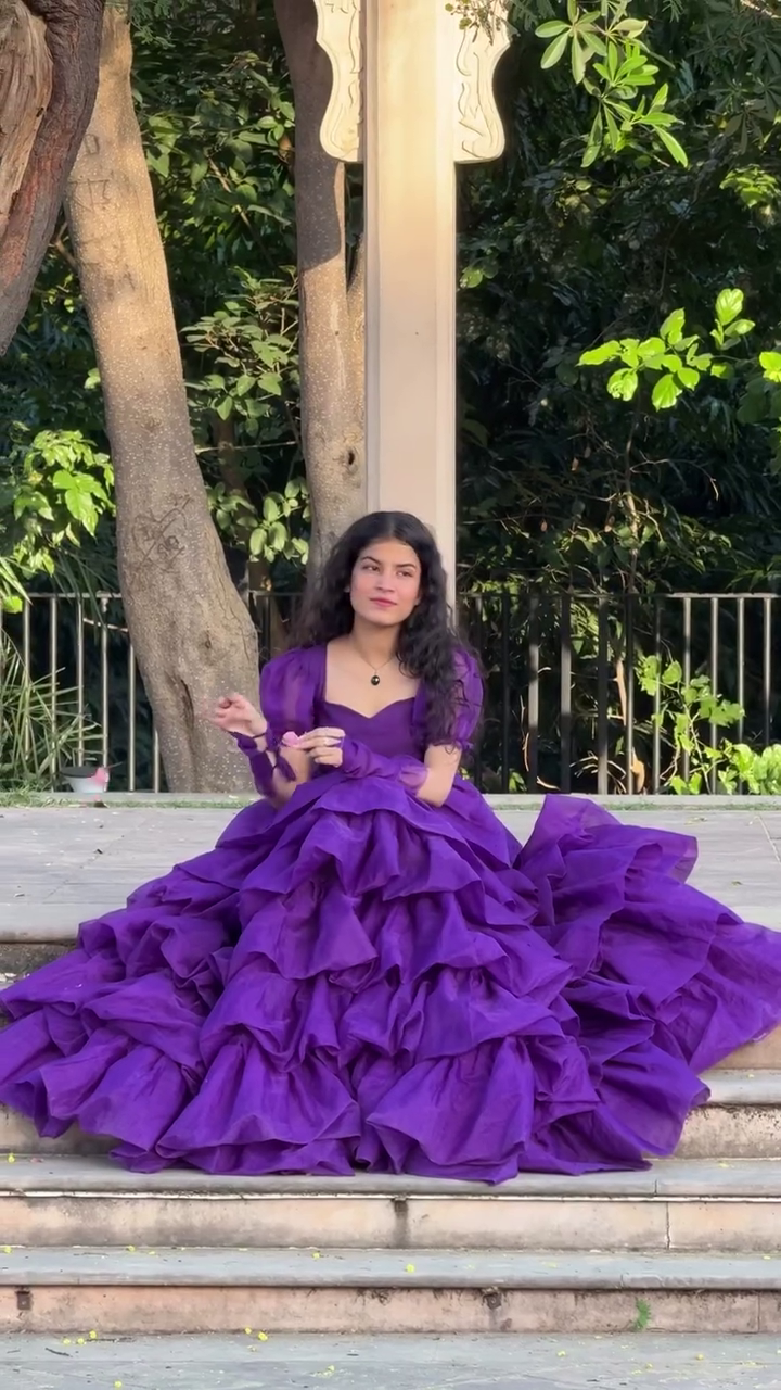 Royal Plum Multi-Layered Ruffle Gown for Women | Premium Flowing Ball Gown with Voluminous Tiers & Puff Sleeves | Elegant Evening & Photoshoot Dress - Image 5