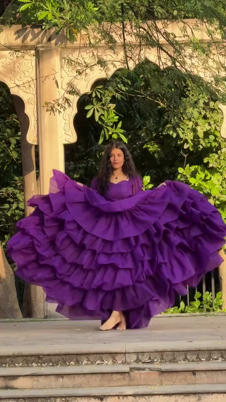 Royal Plum Multi-Layered Ruffle Gown for Women | Premium Flowing Ball Gown with Voluminous Tiers & Puff Sleeves | Elegant Evening & Photoshoot Dress - Image 2