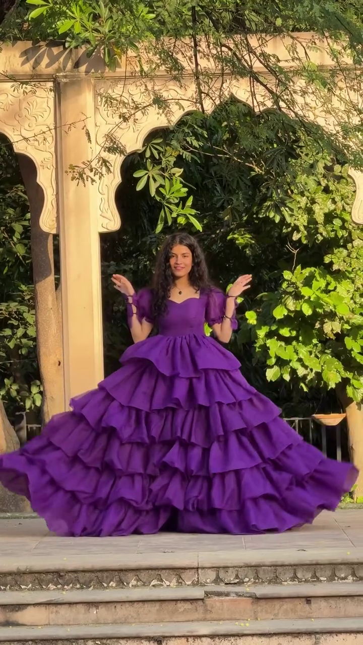 Royal Plum Multi-Layered Ruffle Gown for Women | Premium Flowing Ball Gown with Voluminous Tiers & Puff Sleeves | Elegant Evening & Photoshoot Dress - Image 3