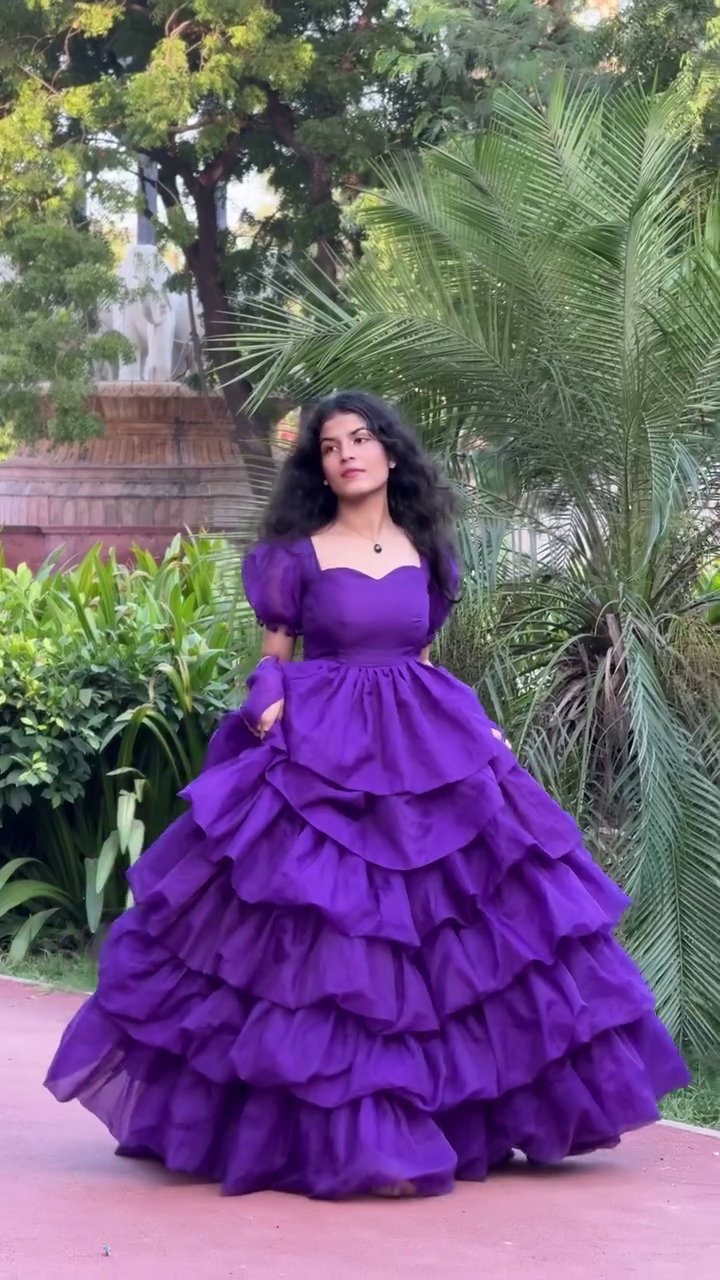 Royal Plum Multi-Layered Ruffle Gown for Women | Premium Flowing Ball Gown with Voluminous Tiers & Puff Sleeves | Elegant Evening & Photoshoot Dress