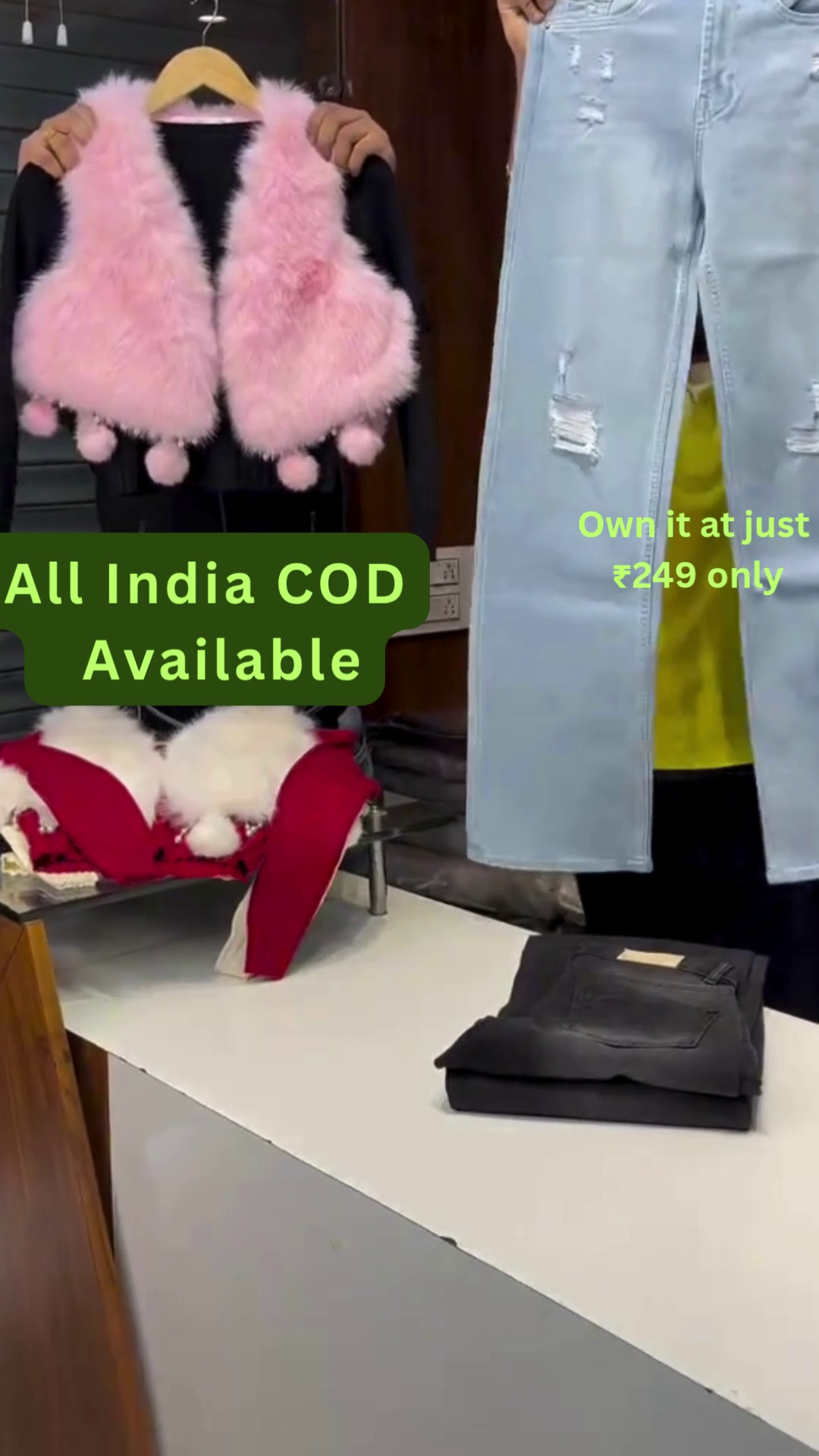 Fur Winter Crop Top & Premium Denim Combo – Luxury Warm Wear Collection