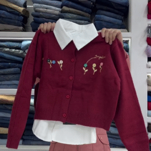 Vintage Bloom Knit Cardigan with Shirt Collar – Cute, Cozy & Chic