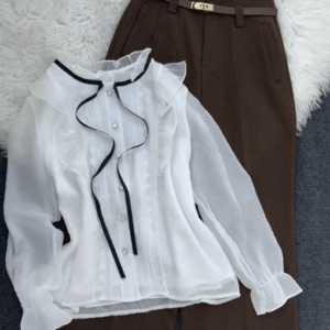 🌸 Dute Long-Sleeve Stand Collar Ruffle Trim Pintuck Button-Up Blouse with Trousers – Elegant & Polished Work-to-Weekend Look ✨