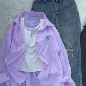 💜 Effortless Casual Ensemble – Textured Purple Striped Oversized Shirt with Light-Wash Jeans & White Tank ✨