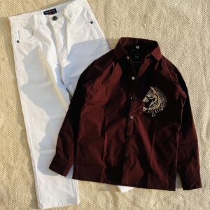 🍷 Majestic Crest Embroidered Shirt & White Denim Co-Ord Set – Premium Statement Wear | Multiple Colors & Designs | XXS–XXL 🤍
