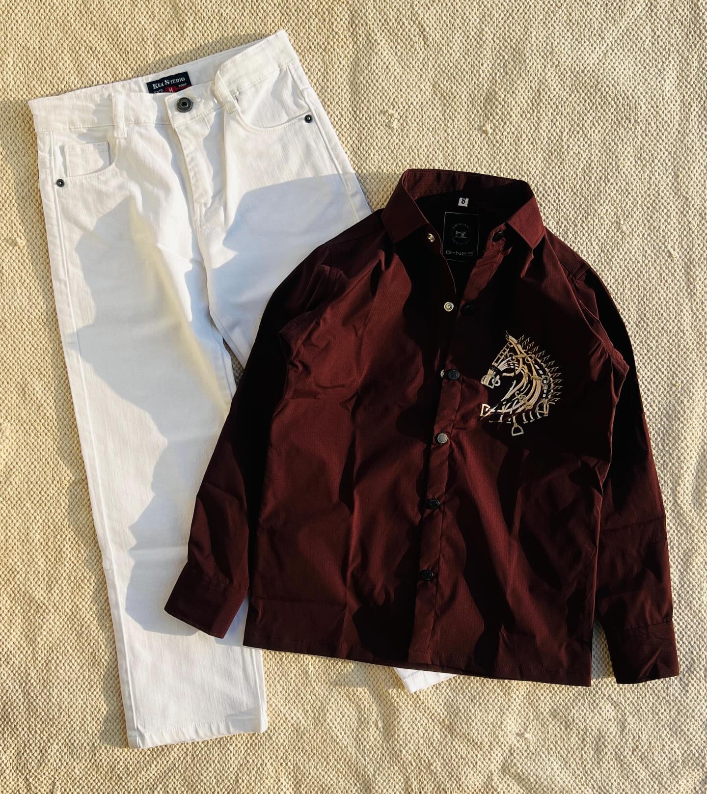 🍷 Majestic Crest Embroidered Shirt & White Denim Co-Ord Set – Premium Statement Wear | Multiple Colors & Designs | XXS–XXL 🤍