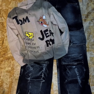 🐭 Tom & Jerry Graphic Print Baggy Jeans with Matching Button-Up Shirt – Fun, Trendy & Statement Streetwear 🐭