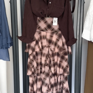 🍂 Chic Autumn Ensemble – Brown Striped Shirt with Pink & Brown Tiered Plaid Skirt, Shoulder Bag & Boots 🍂