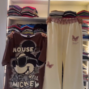 🖤 Brown Mickey Mouse Graphic Tee & Cream Butterfly Embroidered Wide-Leg Pants – Cozy, Cute & Playful Lounge Set ✨