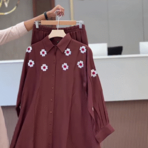 🌸✨ Maroon Blossom Embroidered Co-Ord Set – Chic Shirt & Relaxed Pants (XXS to XXL) ✨🌸