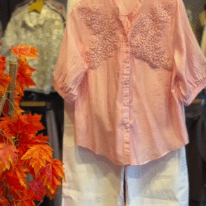 🌸✨ Rosé Bloom Embroidered Shirt & Ivory Wide-Leg Pants Combo (XXS to XXL) ✨🤍