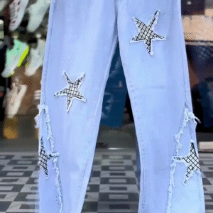 ⭐ Star Vibe Light Wash Wide-Leg Jeans – Trendy Patchwork Denim | Multiple Designs & Colors | XXS–XXL 💙
