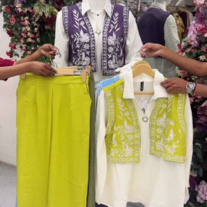 💚 Vibrant Lime Green Embroidered Co-ord Set – Chic Shirt & Trouser Combo