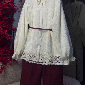 🤍 Elegant Two-Piece Ensemble – Lace-Detail White Shirt & Maroon Trousers