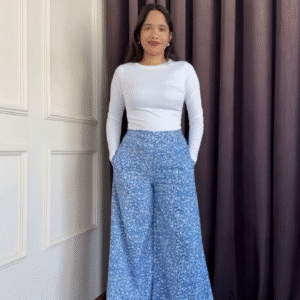 💙 Breezy Blue & White Floral Flared Trousers – High-Rise Relaxed Fit
