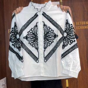 🤍 Elegant White Embroidered Mandarin Collar Shirt – Timeless Chic