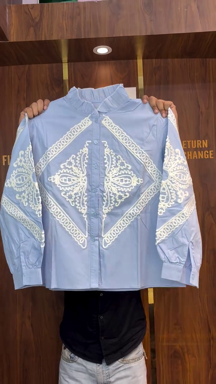 ๐ค Elegant White Embroidered Mandarin Collar Shirt โ Timeless Chic - Image 2