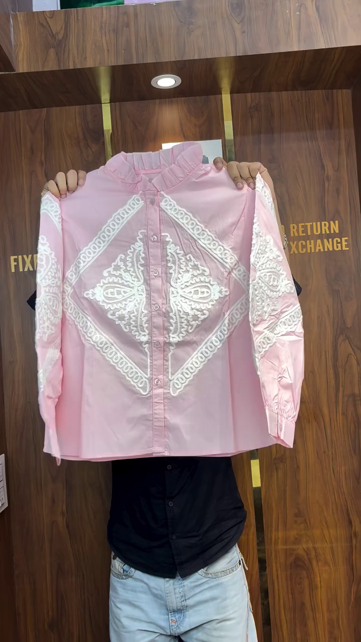 ๐ค Elegant White Embroidered Mandarin Collar Shirt โ Timeless Chic - Image 3