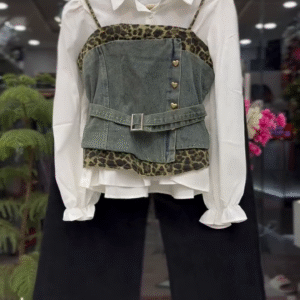 🤍 Elegant White Lea Luxury Corset Top & Shirt – Chic Denim Pairing