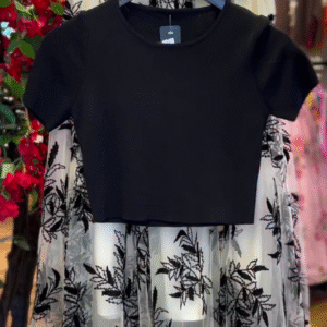 🖤 Elegant Black Crop Top & Floral Embroidered Tulle Skirt Set – Chic & Feminine