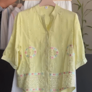 Fresh Summer Elegance: Pastel Embroidered Shirt with Classic White Pants