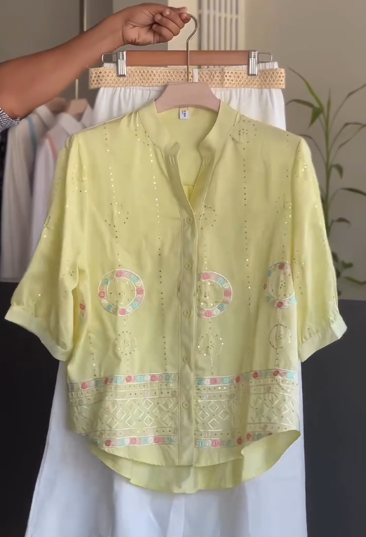 Fresh Summer Elegance: Pastel Embroidered Shirt with Classic White Pants