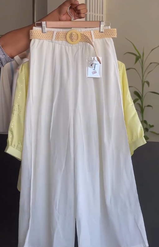 Fresh Summer Elegance: Pastel Embroidered Shirt with Classic White Pants - Image 3