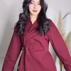 Refined Elegance: Burgundy Woven Shirt with Waist Button Detail