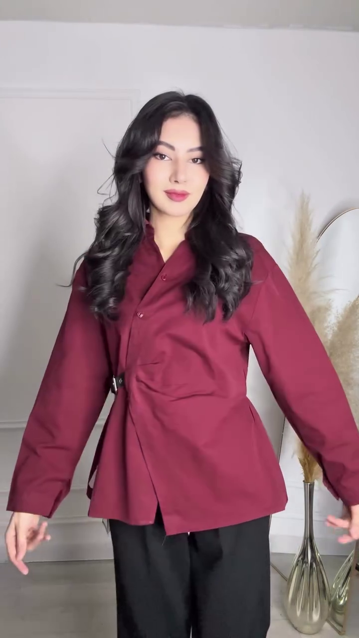 Refined Elegance: Burgundy Woven Shirt with Waist Button Detail