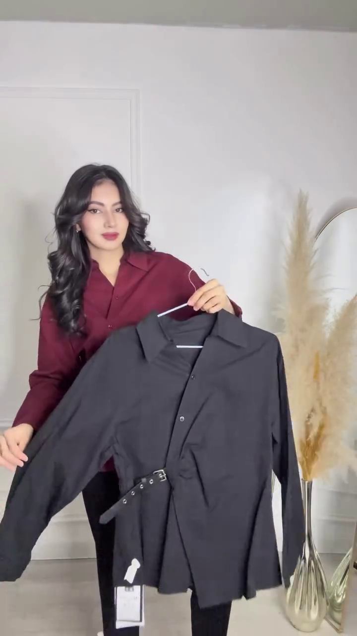 Refined Elegance: Burgundy Woven Shirt with Waist Button Detail - Image 5