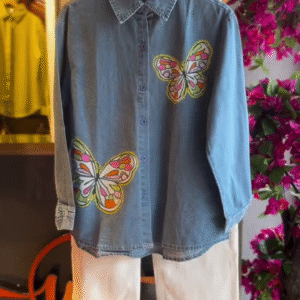 Effortless Style: Blue Denim Button-Down Shirt with Trousers