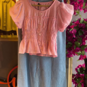 Chic & Playful: Pink Smocked Peplum Top with Denim Skirt