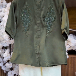 Sophisticated Style: Olive Green Notch-Neck Shirt with Trousers