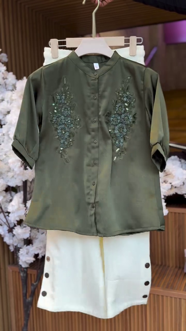 Sophisticated Style: Olive Green Notch-Neck Shirt with Trousers